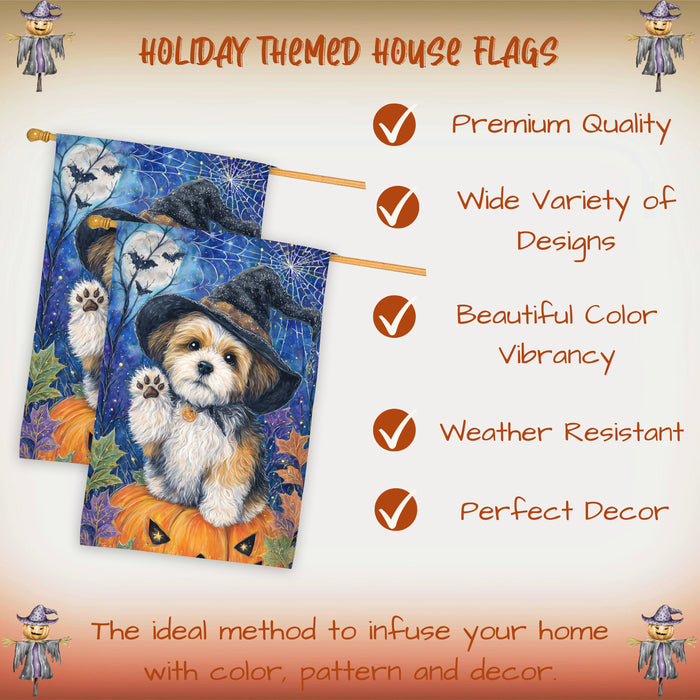 Shih Tzu Halloween House Flag Pumpkin Witch Hat Dog Large Outdoor Banner Fall Porch Yard Decoration 28 x 40 Inch