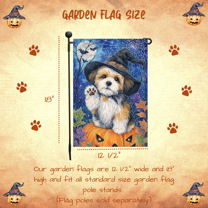 Shih Tzu Halloween Garden Flag Pumpkin Witch Hat Dog Yard Banner Fall Outdoor Decor 12.5 x 18 Inch