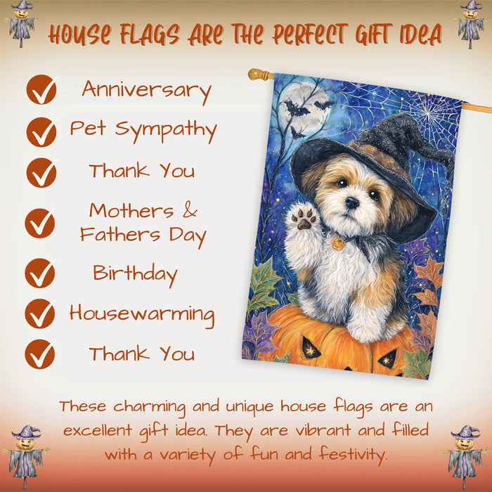 Shih Tzu Halloween House Flag Pumpkin Witch Hat Dog Large Outdoor Banner Fall Porch Yard Decoration 28 x 40 Inch