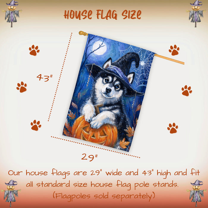 Siberian Husky Halloween House Flag Pumpkin Witch Hat Dog Large Outdoor Banner Fall Porch Yard Decoration 28 x 40 Inch