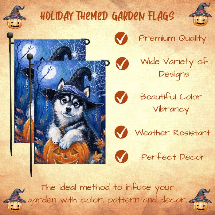 Siberian Husky Halloween Garden Flag Pumpkin Witch Hat Dog Yard Banner Fall Outdoor Decor 12.5 x 18 Inch