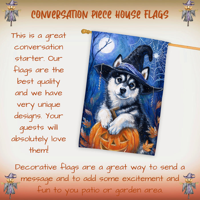 Siberian Husky Halloween House Flag Pumpkin Witch Hat Dog Large Outdoor Banner Fall Porch Yard Decoration 28 x 40 Inch