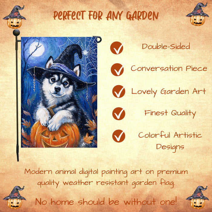 Siberian Husky Halloween Garden Flag Pumpkin Witch Hat Dog Yard Banner Fall Outdoor Decor 12.5 x 18 Inch