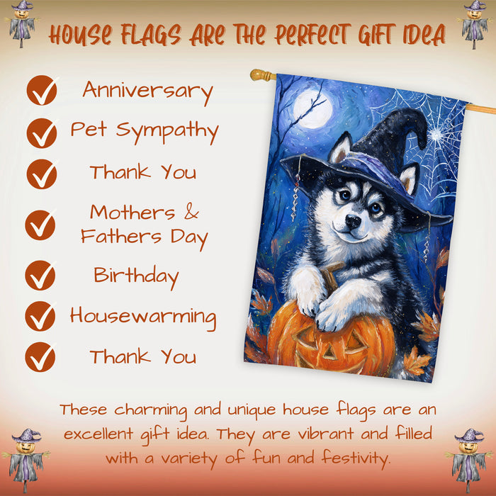Siberian Husky Halloween House Flag Pumpkin Witch Hat Dog Large Outdoor Banner Fall Porch Yard Decoration 28 x 40 Inch