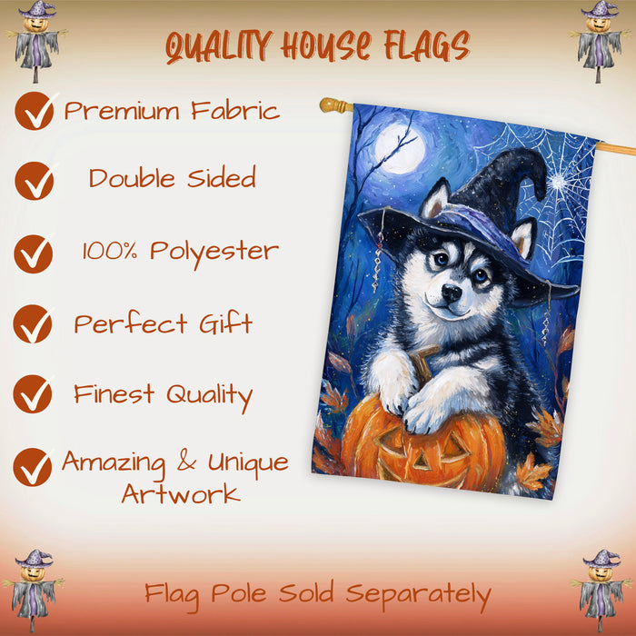 Siberian Husky Halloween House Flag Pumpkin Witch Hat Dog Large Outdoor Banner Fall Porch Yard Decoration 28 x 40 Inch