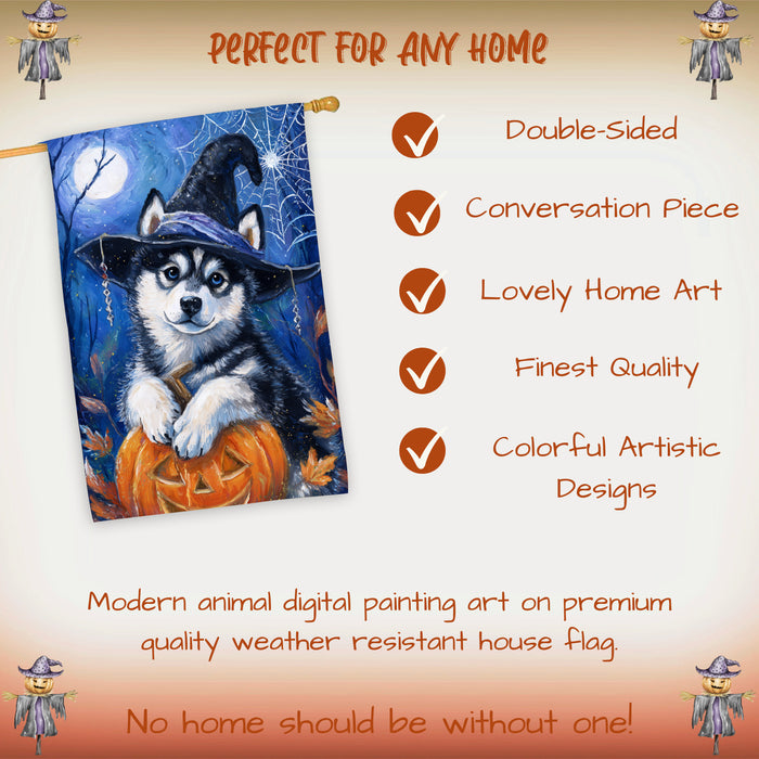 Siberian Husky Halloween House Flag Pumpkin Witch Hat Dog Large Outdoor Banner Fall Porch Yard Decoration 28 x 40 Inch