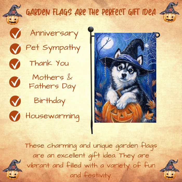 Siberian Husky Halloween Garden Flag Pumpkin Witch Hat Dog Yard Banner Fall Outdoor Decor 12.5 x 18 Inch