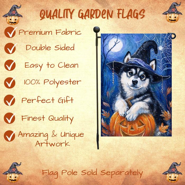Siberian Husky Halloween Garden Flag Pumpkin Witch Hat Dog Yard Banner Fall Outdoor Decor 12.5 x 18 Inch