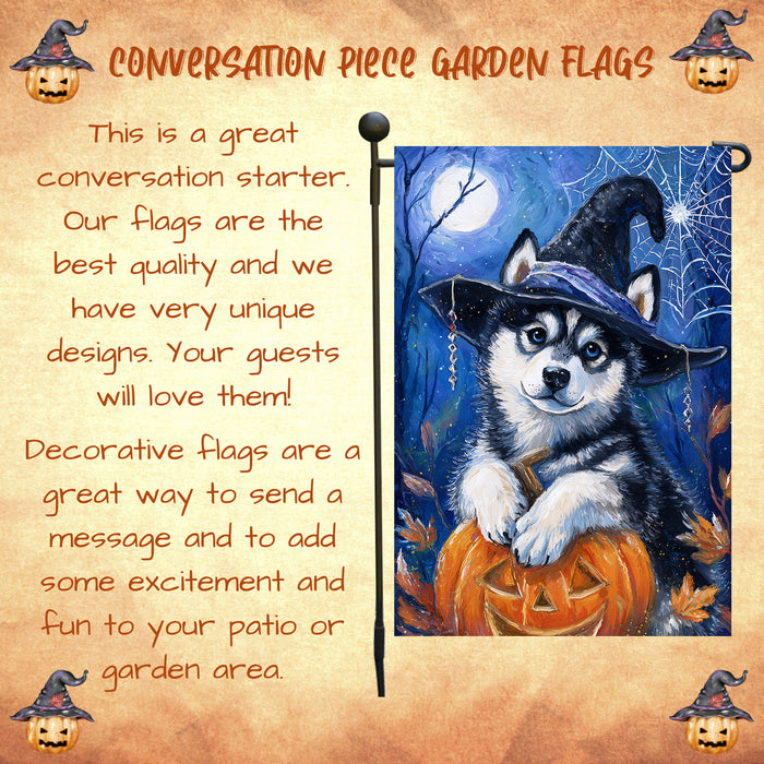 Siberian Husky Halloween Garden Flag Pumpkin Witch Hat Dog Yard Banner Fall Outdoor Decor 12.5 x 18 Inch