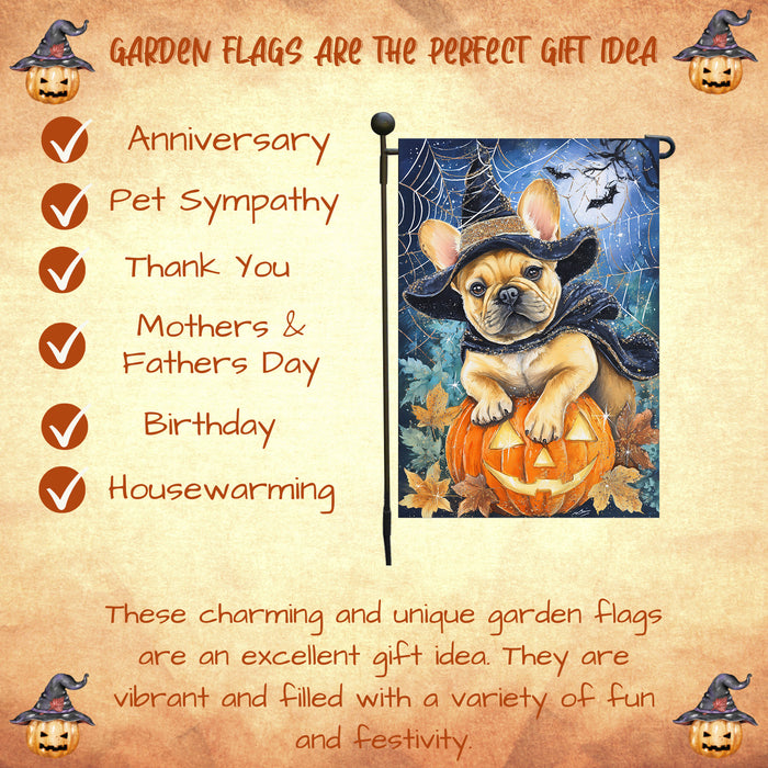 French Bulldog Spooky Welcome Garden Flag Halloween Pumpkin Witch Hat Yard Banner Fall Outdoor Lawn Decoration 12.5 x 18 Inch