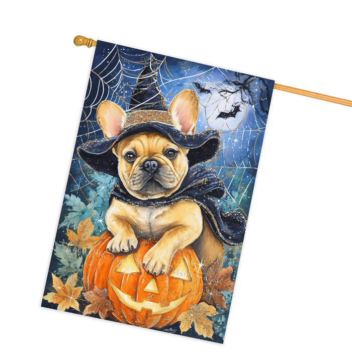 French Bulldog Halloween House Flag Spooky Pumpkin Witch Hat Dog Large Outdoor Banner Fall Porch Welcome Yard Decoration 28 x 40 Inch