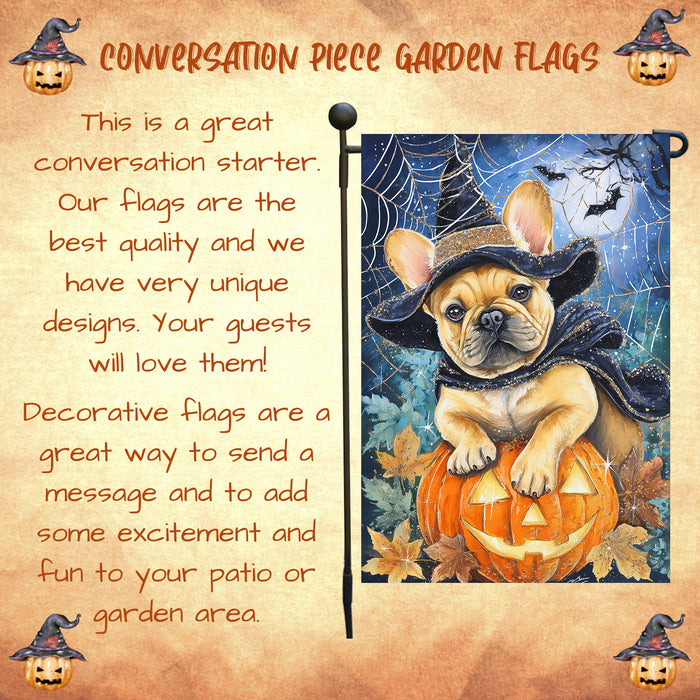 French Bulldog Spooky Welcome Garden Flag Halloween Pumpkin Witch Hat Yard Banner Fall Outdoor Lawn Decoration 12.5 x 18 Inch