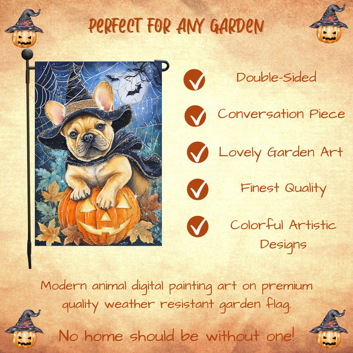 French Bulldog Spooky Welcome Garden Flag Halloween Pumpkin Witch Hat Yard Banner Fall Outdoor Lawn Decoration 12.5 x 18 Inch