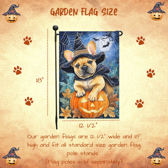 French Bulldog Spooky Welcome Garden Flag Halloween Pumpkin Witch Hat Yard Banner Fall Outdoor Lawn Decoration 12.5 x 18 Inch