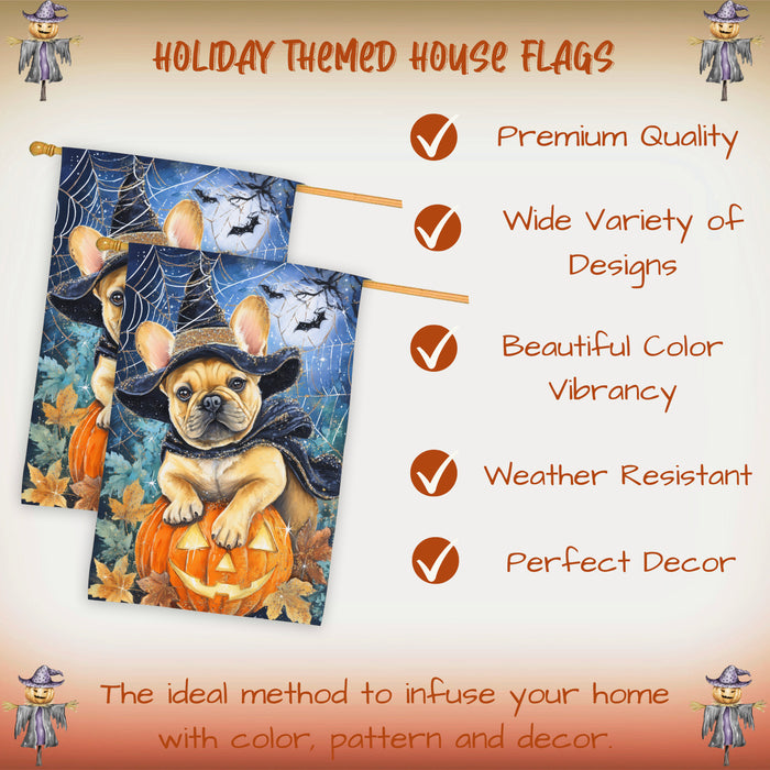 French Bulldog Halloween House Flag Spooky Pumpkin Witch Hat Dog Large Outdoor Banner Fall Porch Welcome Yard Decoration 28 x 40 Inch