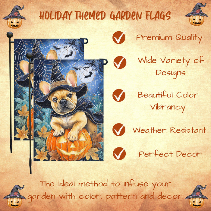 French Bulldog Spooky Welcome Garden Flag Halloween Pumpkin Witch Hat Yard Banner Fall Outdoor Lawn Decoration 12.5 x 18 Inch