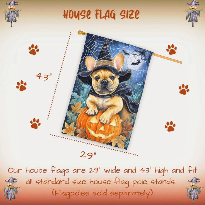 French Bulldog Halloween House Flag Spooky Pumpkin Witch Hat Dog Large Outdoor Banner Fall Porch Welcome Yard Decoration 28 x 40 Inch