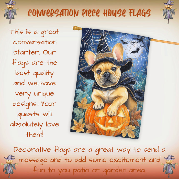 French Bulldog Halloween House Flag Spooky Pumpkin Witch Hat Dog Large Outdoor Banner Fall Porch Welcome Yard Decoration 28 x 40 Inch