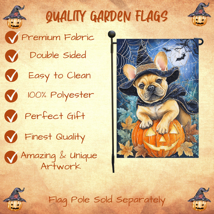 French Bulldog Spooky Welcome Garden Flag Halloween Pumpkin Witch Hat Yard Banner Fall Outdoor Lawn Decoration 12.5 x 18 Inch