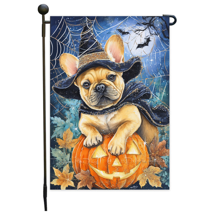 French Bulldog Spooky Welcome Garden Flag Halloween Pumpkin Witch Hat Yard Banner Fall Outdoor Lawn Decoration 12.5 x 18 Inch
