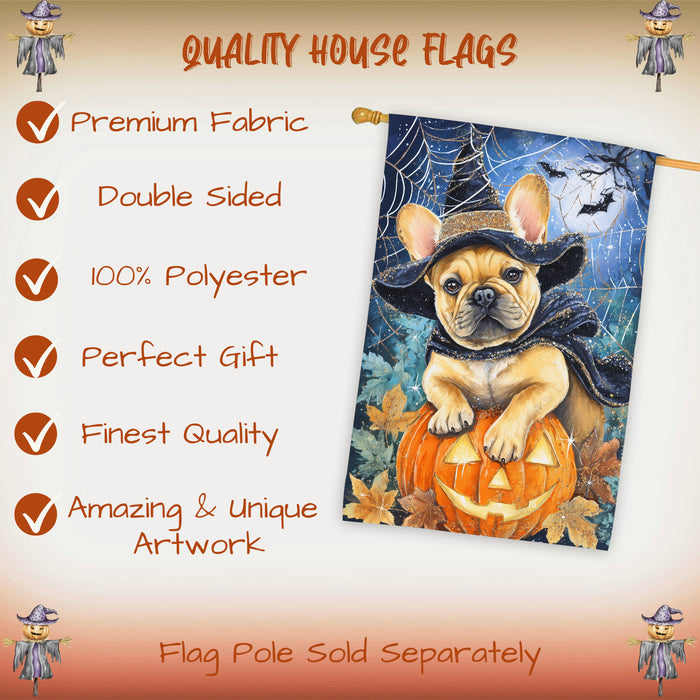 French Bulldog Halloween House Flag Spooky Pumpkin Witch Hat Dog Large Outdoor Banner Fall Porch Welcome Yard Decoration 28 x 40 Inch