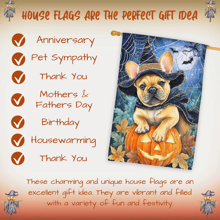French Bulldog Halloween House Flag Spooky Pumpkin Witch Hat Dog Large Outdoor Banner Fall Porch Welcome Yard Decoration 28 x 40 Inch