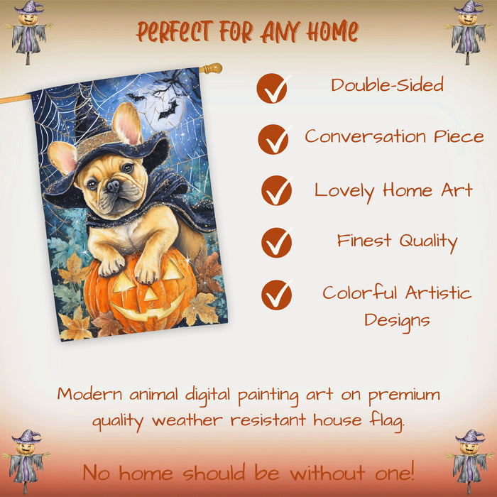 French Bulldog Halloween House Flag Spooky Pumpkin Witch Hat Dog Large Outdoor Banner Fall Porch Welcome Yard Decoration 28 x 40 Inch