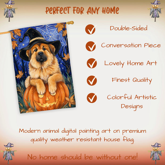 Tibetan Mastiff Halloween House Flag Pumpkin Witch Hat Dog Large Outdoor Banner Fall Porch Yard Decoration 28 x 40 Inch
