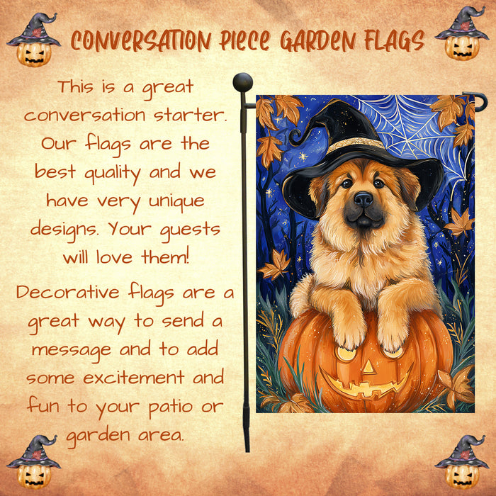 Tibetan Mastiff Halloween Garden Flag Pumpkin Witch Hat Full Moon Dog Yard Banner Fall Outdoor Decor 12.5 x 18 Inch
