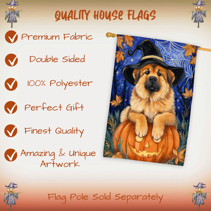 Tibetan Mastiff Halloween House Flag Pumpkin Witch Hat Dog Large Outdoor Banner Fall Porch Yard Decoration 28 x 40 Inch