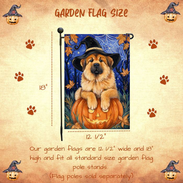 Tibetan Mastiff Halloween Garden Flag Pumpkin Witch Hat Full Moon Dog Yard Banner Fall Outdoor Decor 12.5 x 18 Inch