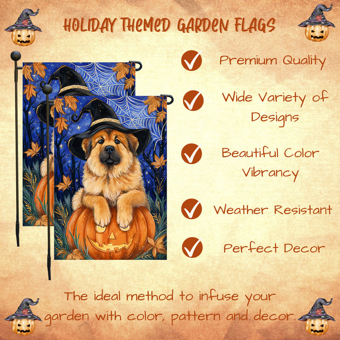 Tibetan Mastiff Halloween Garden Flag Pumpkin Witch Hat Full Moon Dog Yard Banner Fall Outdoor Decor 12.5 x 18 Inch