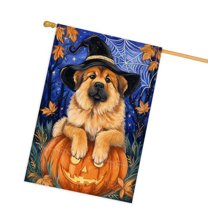 Tibetan Mastiff Halloween House Flag Pumpkin Witch Hat Dog Large Outdoor Banner Fall Porch Yard Decoration 28 x 40 Inch