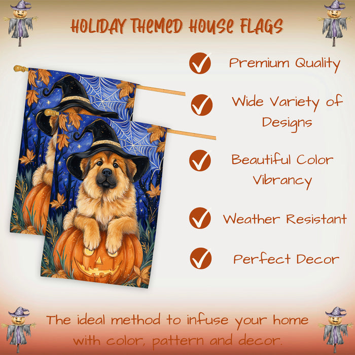 Tibetan Mastiff Halloween House Flag Pumpkin Witch Hat Dog Large Outdoor Banner Fall Porch Yard Decoration 28 x 40 Inch