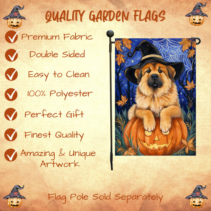 Tibetan Mastiff Halloween Garden Flag Pumpkin Witch Hat Full Moon Dog Yard Banner Fall Outdoor Decor 12.5 x 18 Inch