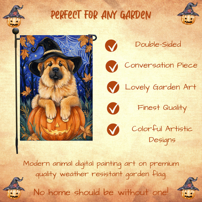 Tibetan Mastiff Halloween Garden Flag Pumpkin Witch Hat Full Moon Dog Yard Banner Fall Outdoor Decor 12.5 x 18 Inch