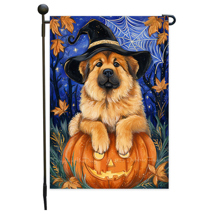 Tibetan Mastiff Halloween Garden Flag Pumpkin Witch Hat Full Moon Dog Yard Banner Fall Outdoor Decor 12.5 x 18 Inch