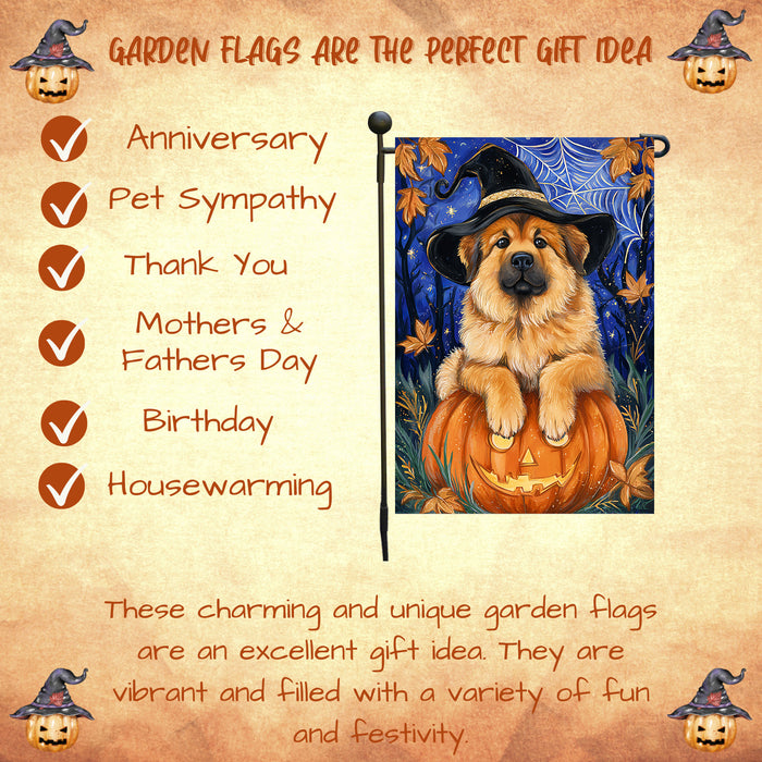 Tibetan Mastiff Halloween Garden Flag Pumpkin Witch Hat Full Moon Dog Yard Banner Fall Outdoor Decor 12.5 x 18 Inch