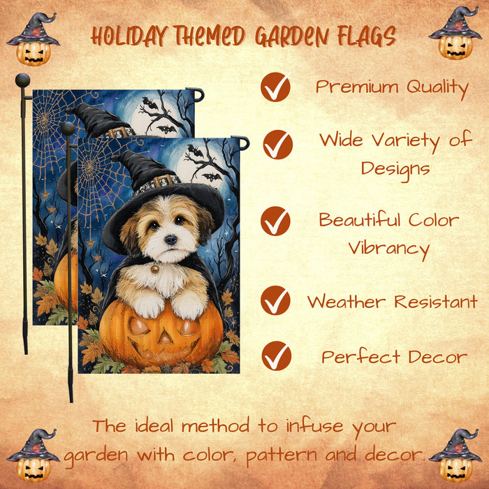 Tibetan Terrier Halloween Garden Flag Pumpkin Bat Jack-O’-Lantern Dog Yard Banner Fall Outdoor Decor 12.5 x 18 Inch