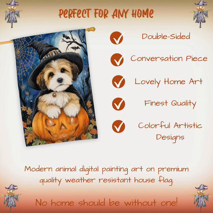 Tibetan Terrier Halloween House Flag Pumpkin Bat Jack-O’-Lantern Dog Large Outdoor Banner Fall Porch Yard Decoration 28 x 40 Inch