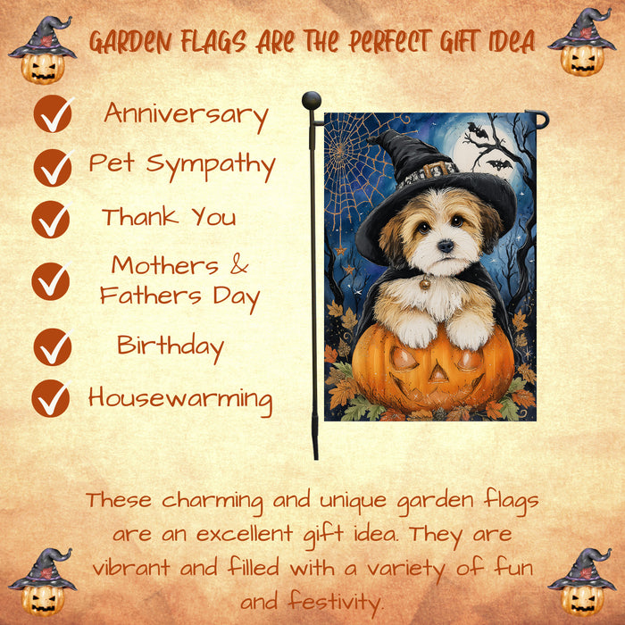 Tibetan Terrier Halloween Garden Flag Pumpkin Bat Jack-O’-Lantern Dog Yard Banner Fall Outdoor Decor 12.5 x 18 Inch