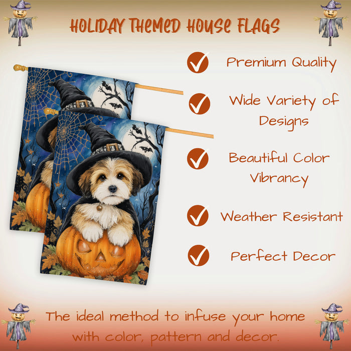 Tibetan Terrier Halloween House Flag Pumpkin Bat Jack-O’-Lantern Dog Large Outdoor Banner Fall Porch Yard Decoration 28 x 40 Inch