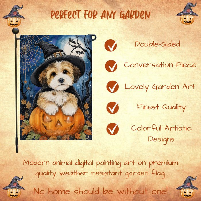 Tibetan Terrier Halloween Garden Flag Pumpkin Bat Jack-O’-Lantern Dog Yard Banner Fall Outdoor Decor 12.5 x 18 Inch