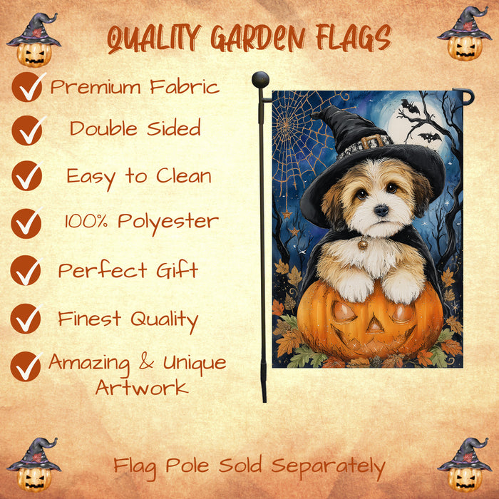 Tibetan Terrier Halloween Garden Flag Pumpkin Bat Jack-O’-Lantern Dog Yard Banner Fall Outdoor Decor 12.5 x 18 Inch