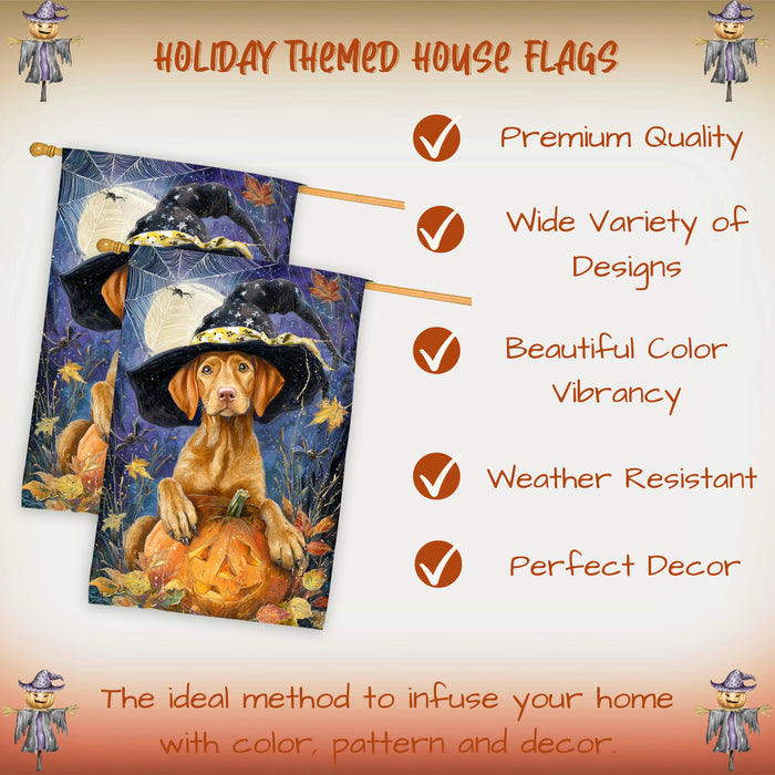 Vizsla Puppy Halloween House Flag Pumpkin Jack O Lantern Dog Large Outdoor Banner Fall Porch Yard Decoration 28 x 40 Inch