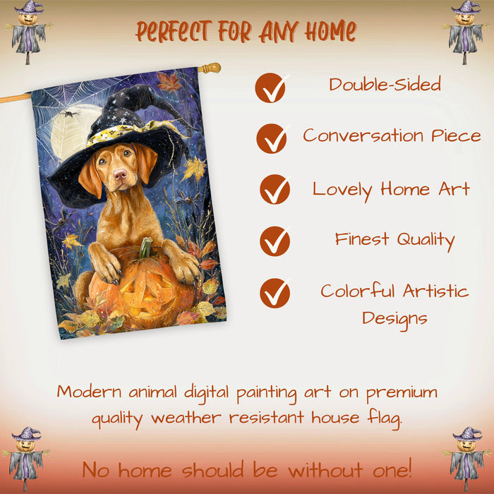 Vizsla Puppy Halloween House Flag Pumpkin Jack O Lantern Dog Large Outdoor Banner Fall Porch Yard Decoration 28 x 40 Inch