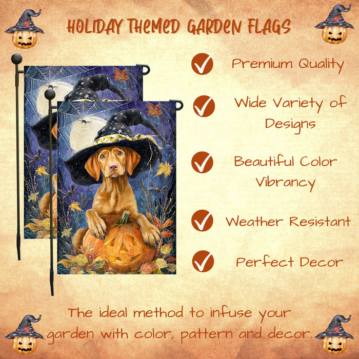 Vizsla Puppy Halloween Garden Flag Pumpkin Jack O Lantern Yard Banner Fall Outdoor Decoration for Lawn Porch and Garden 12.5 x 18 Inch