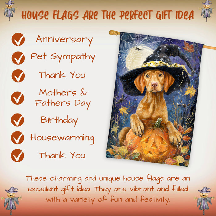 Vizsla Puppy Halloween House Flag Pumpkin Jack O Lantern Dog Large Outdoor Banner Fall Porch Yard Decoration 28 x 40 Inch