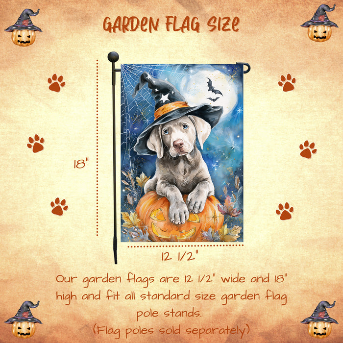 Weimaraner Halloween Garden Flag Pumpkin Witch Hat Moon Dog Yard Banner Fall Outdoor Decor 12.5 x 18 Inch