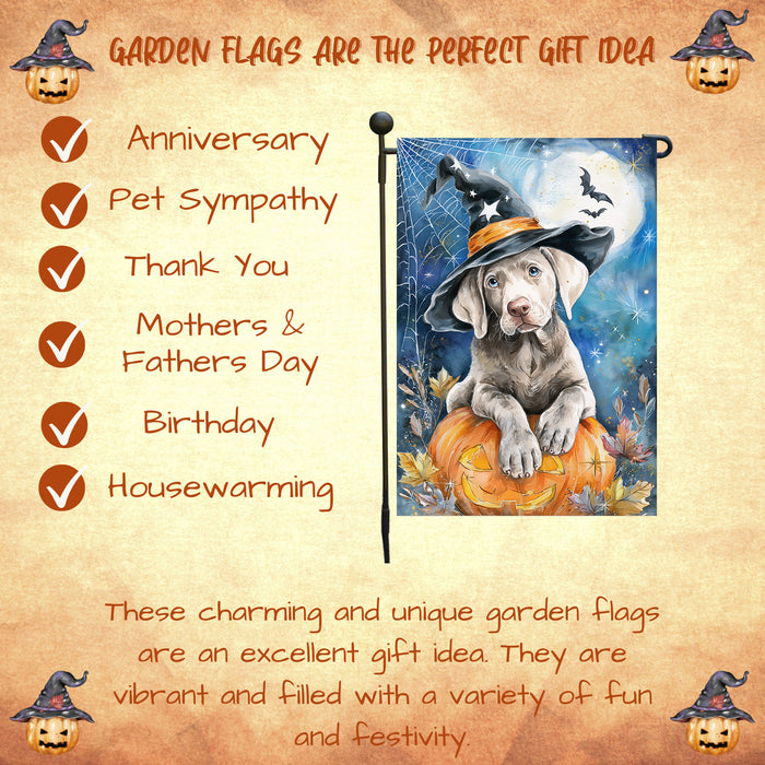 Weimaraner Halloween Garden Flag Pumpkin Witch Hat Moon Dog Yard Banner Fall Outdoor Decor 12.5 x 18 Inch